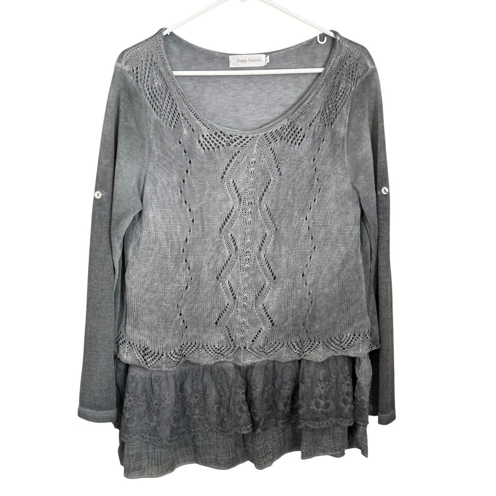 Simply Couture Tunic Top XL Lace Layered Tiered Gray Lagenlook Fairy Grunge Boho